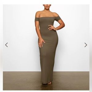 Skims off the shoulder soft lounge maxi dress in Khaki, NWOT